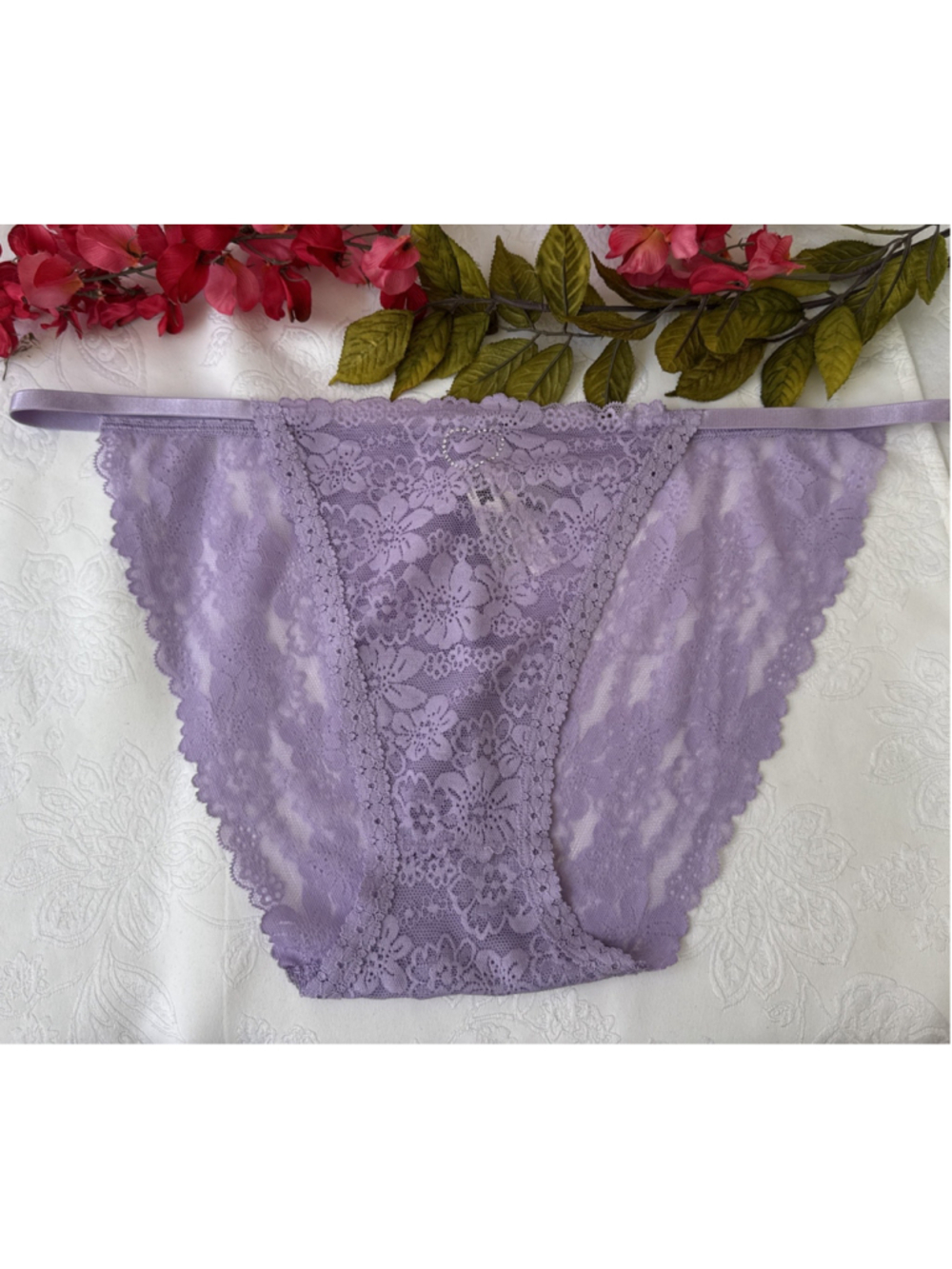 PINK VICTORIA'S SECRET XL PURPLE LACE STRING BIKINI RHINESTONE BLING PANTIES NWT